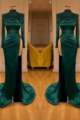 Dark Green Beadings Pearl Long Sleeves Evening Gowns Mermaid Prom Dress With Slit